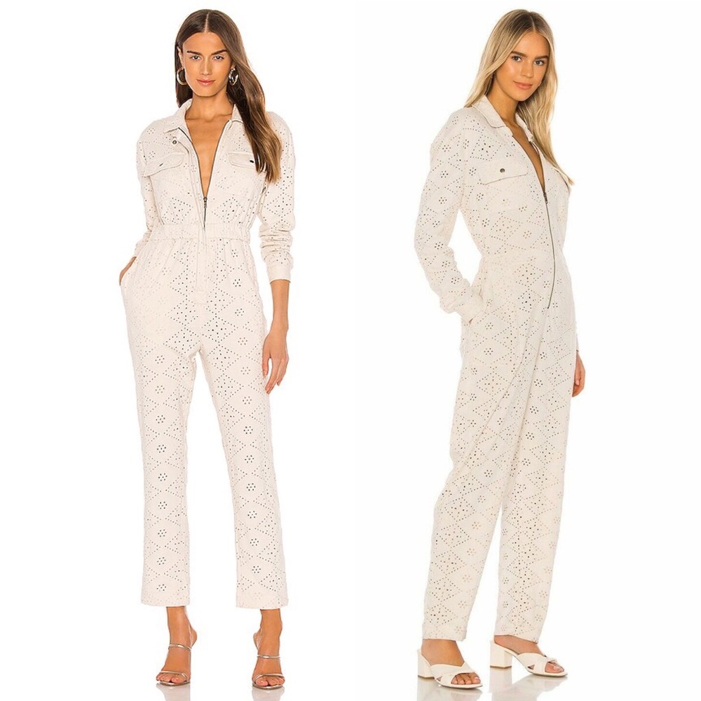 FREE PEOPLE sz 8 Utility Boiler Jumpsuit 100%Cotton Eyelet Ivory Long Sleeve NWT